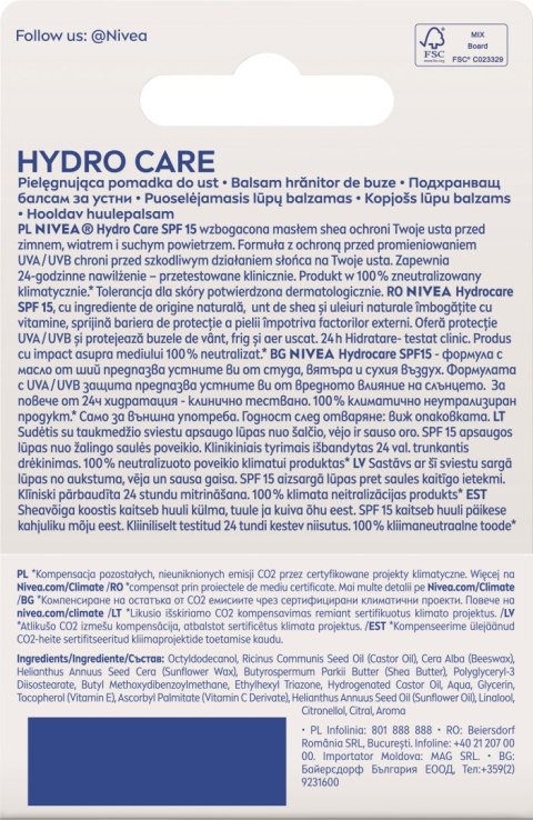 NIVEA HYDRO CARE Pomadka ochronna do ust z filtrem SPF 15 4,8g