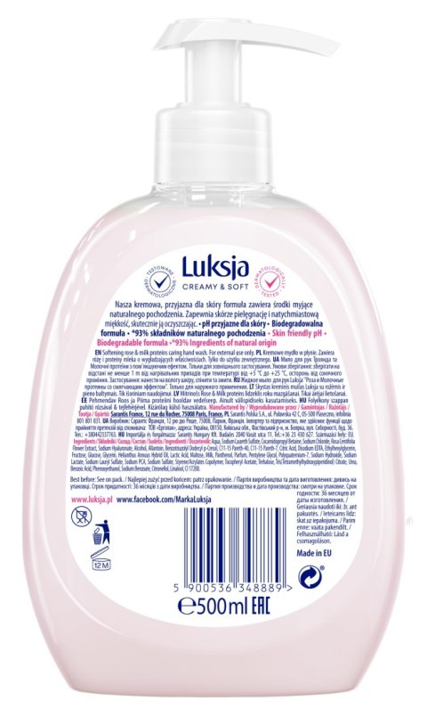 LUKSJA CREAMY&SOFT Mydło w płynie z pompką wygładzające RÓŻA, 500 ml