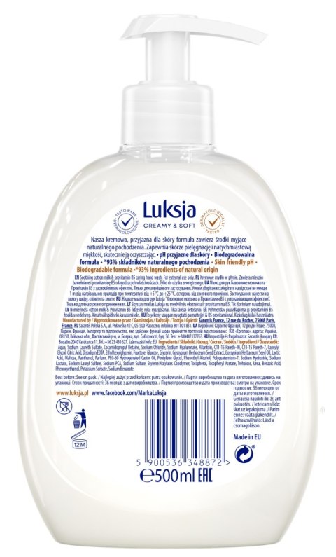 LUKSJA MYDŁO 500ml COTTON MILK & PROVITAMIN B5