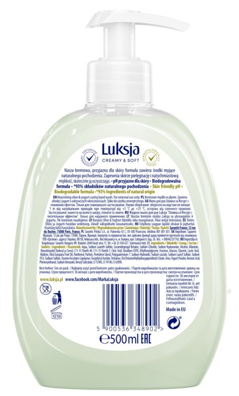 LUKSJA MYDŁO W PŁYNIE DOZOWNIK 500ML CREAMY&SOFT OLIWKA I JOGURT