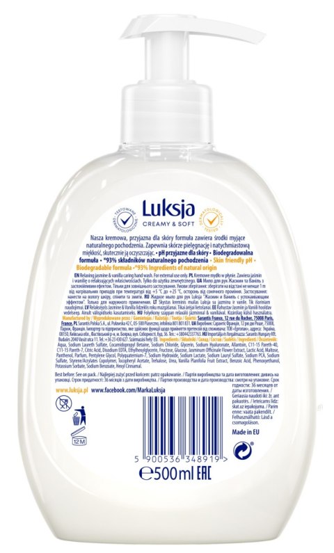 Luksja Creamy & Soft Kremowe Mydło w płynie Jaśmin i Wanilia 500ml