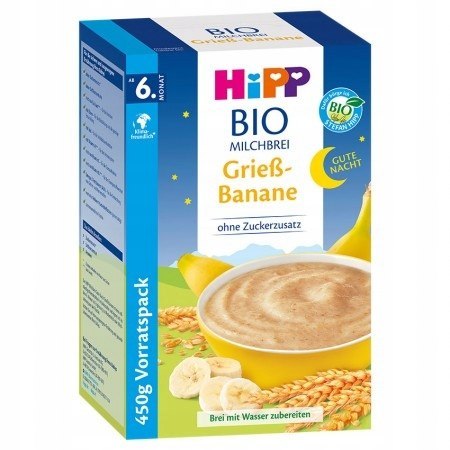 Hipp Bio Mleczna Kaszka Bananowa na Noc 6m 450g Hipp Bio Mleczna Kaszka Bananowa na Noc 6m 450g
