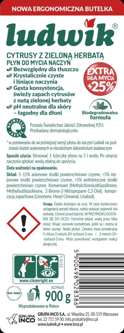 LUDWIK Płyn do naczyń cytrusy zielona herbata 900g LUDWIK Płyn do naczyń cytrusy zielona herbata 900g