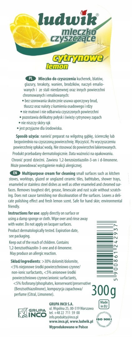 Ludwik uniwersalne mleczko czyszczące cytrynowe 300 g Ludwik uniwersalne mleczko czyszczące cytrynowe 300 g