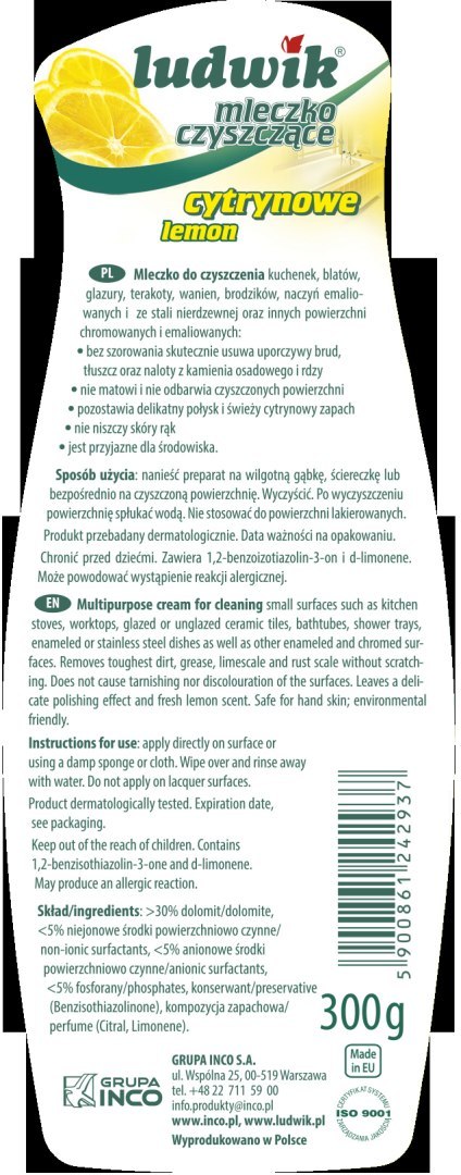 Ludwik uniwersalne mleczko czyszczące cytrynowe 300 g Ludwik uniwersalne mleczko czyszczące cytrynowe 300 g